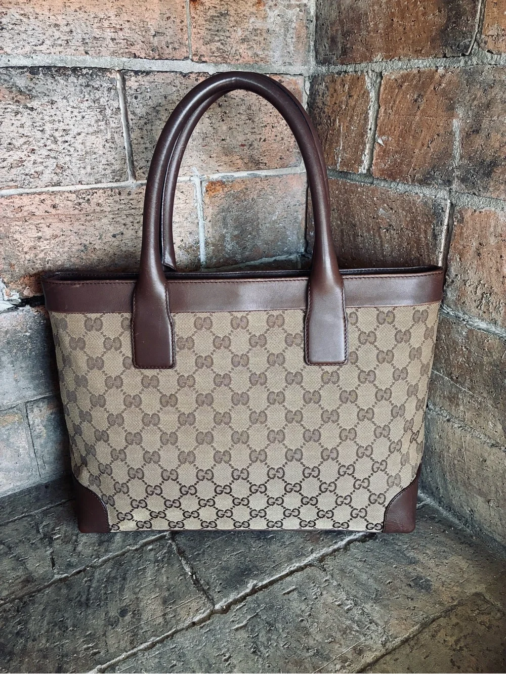 🤎 Gucci GG Logo Canvas Leather Tote Bag Brown Beige